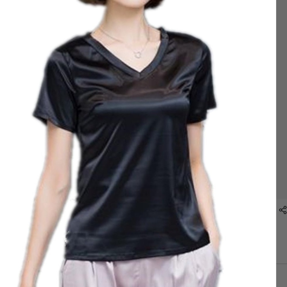 Women Faux Silk Satin Shirt V‎ Neck Short Sleeve Blouse Summer Soft Loose Top XL